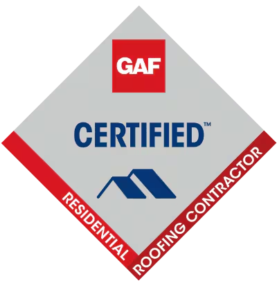 GAF Certified Residential Roofing Contractor logo: red, silver, and blue diamond with text and roof icon.