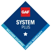 GAF System Plus roofing warranty logo: blue diamond with red square, white text, and a star.