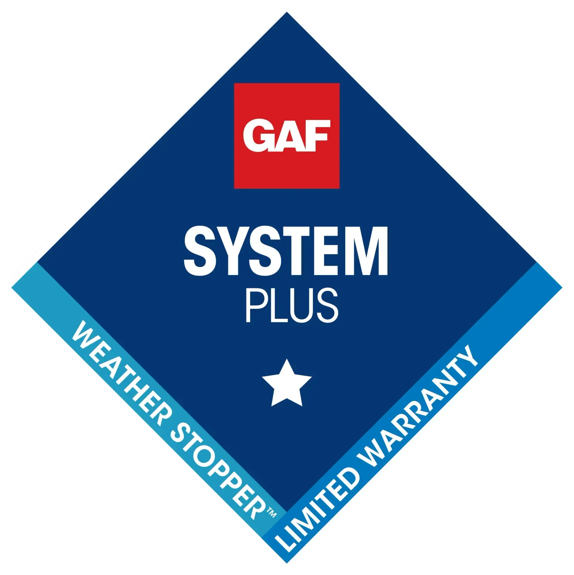 GAF System Plus roofing warranty logo: blue diamond with red square, white text, and a star.