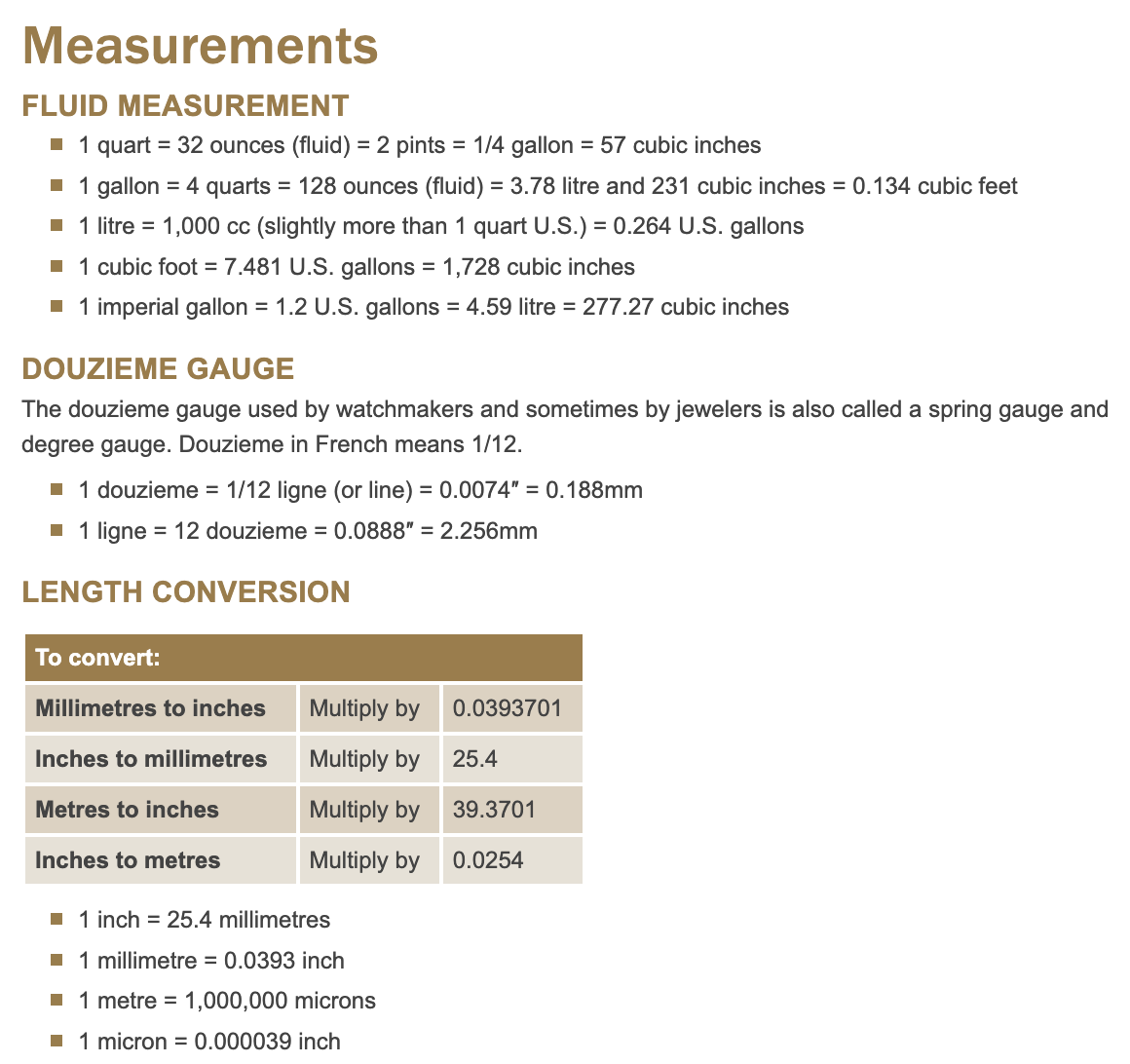 Measurements conversion chart for fluid and length. Lists quarts, gallons, liters, and inches.