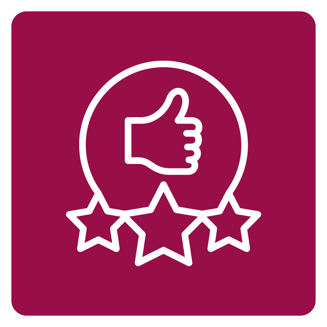 A thumbs up icon with three stars around it on a red background.