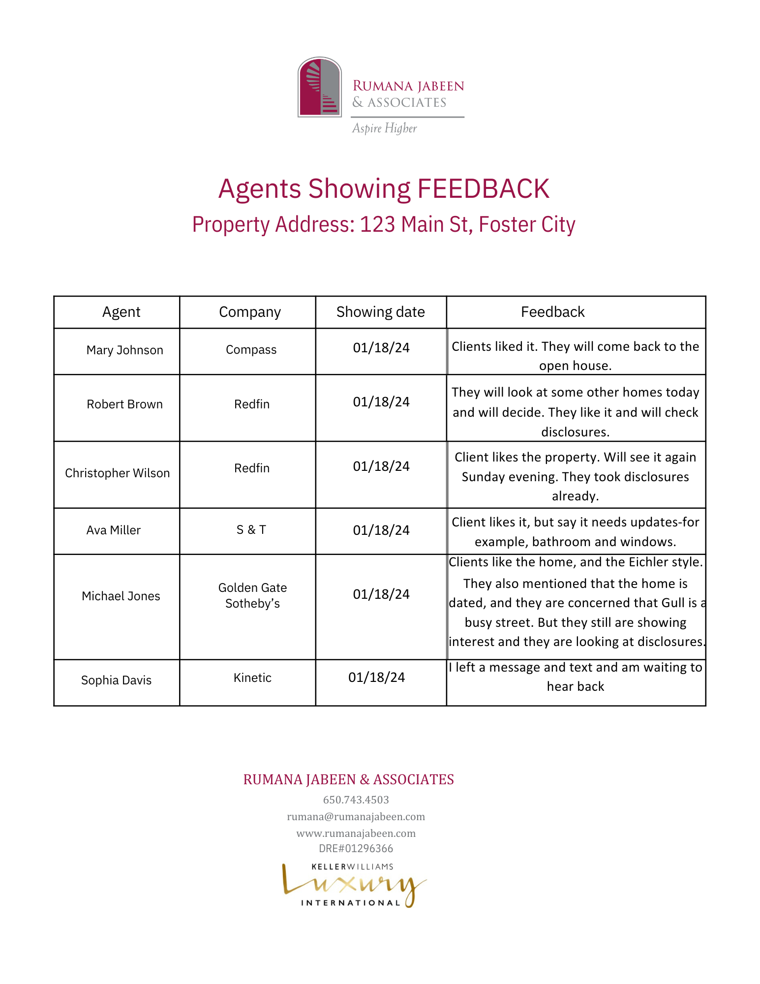 A white sheet of paper with a table of agents showing feedback.