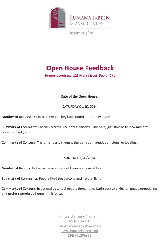 A white sheet of paper with the words `` open house feedback '' on it.