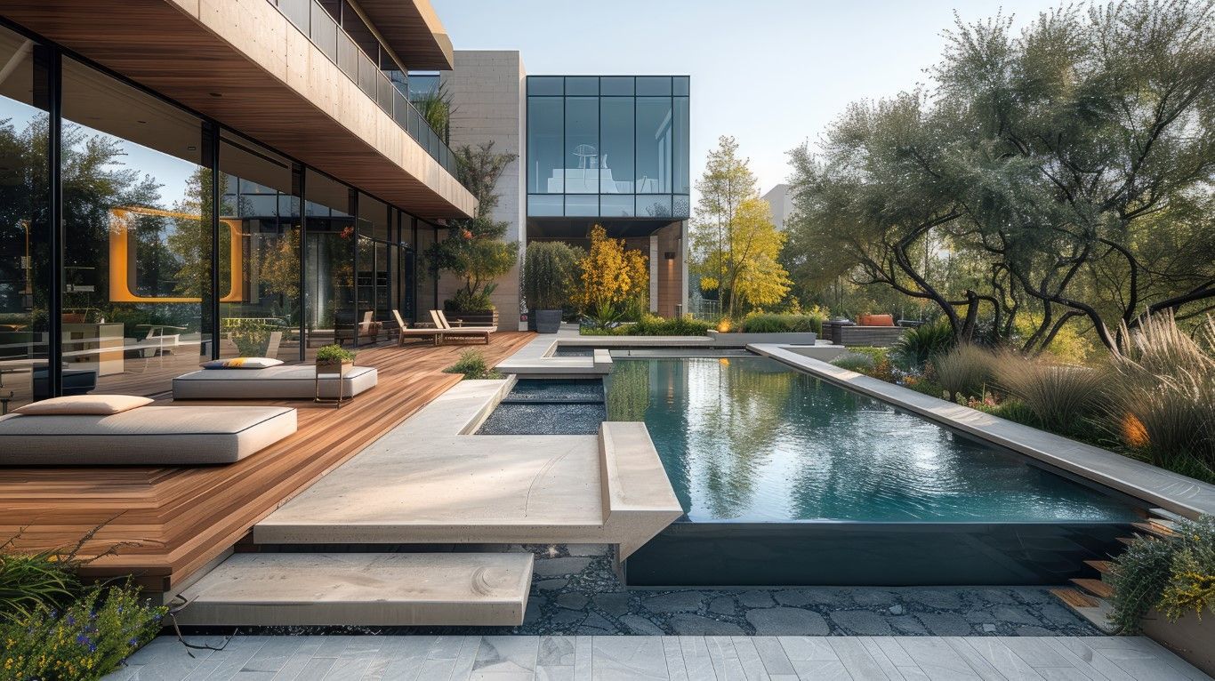 Modern luxury backyard with a pool, wood deck, loungers, and glass-walled house amid trees