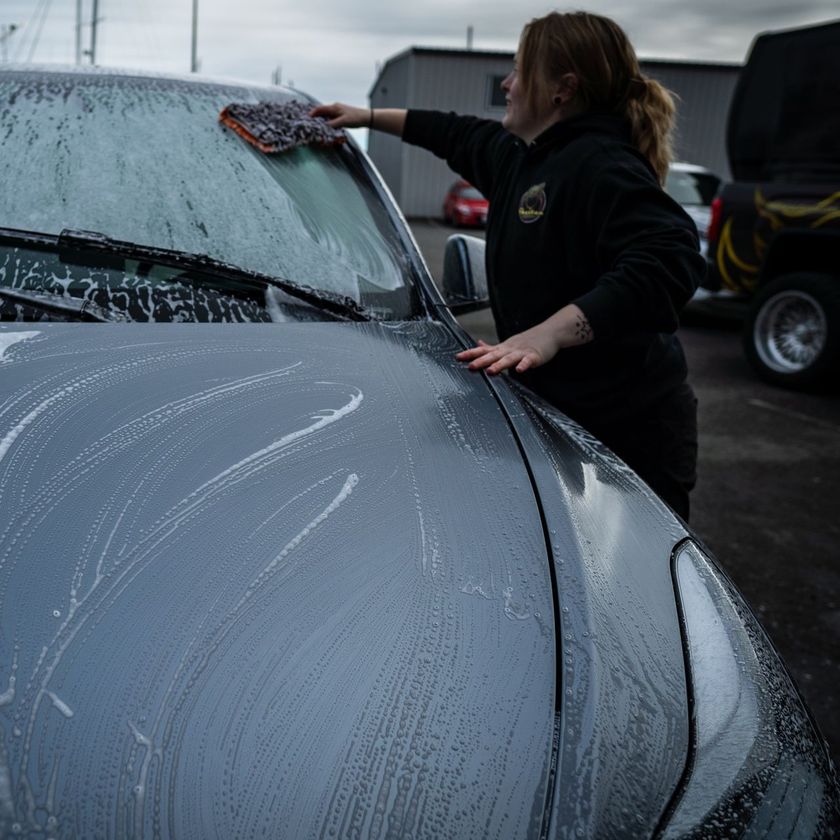 A woman is washing a car in a parking lot