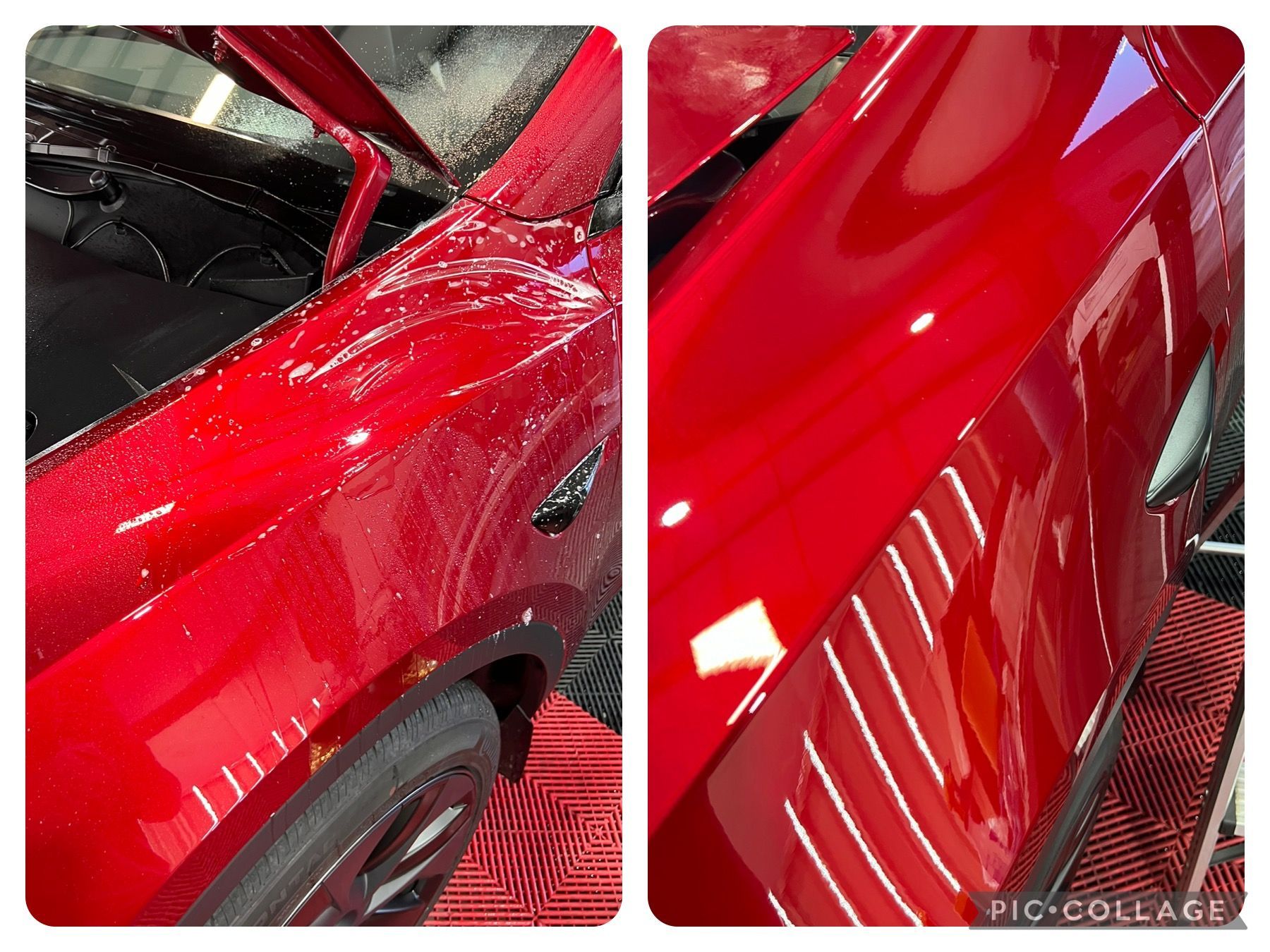 A woman is washing a car with a sponge.