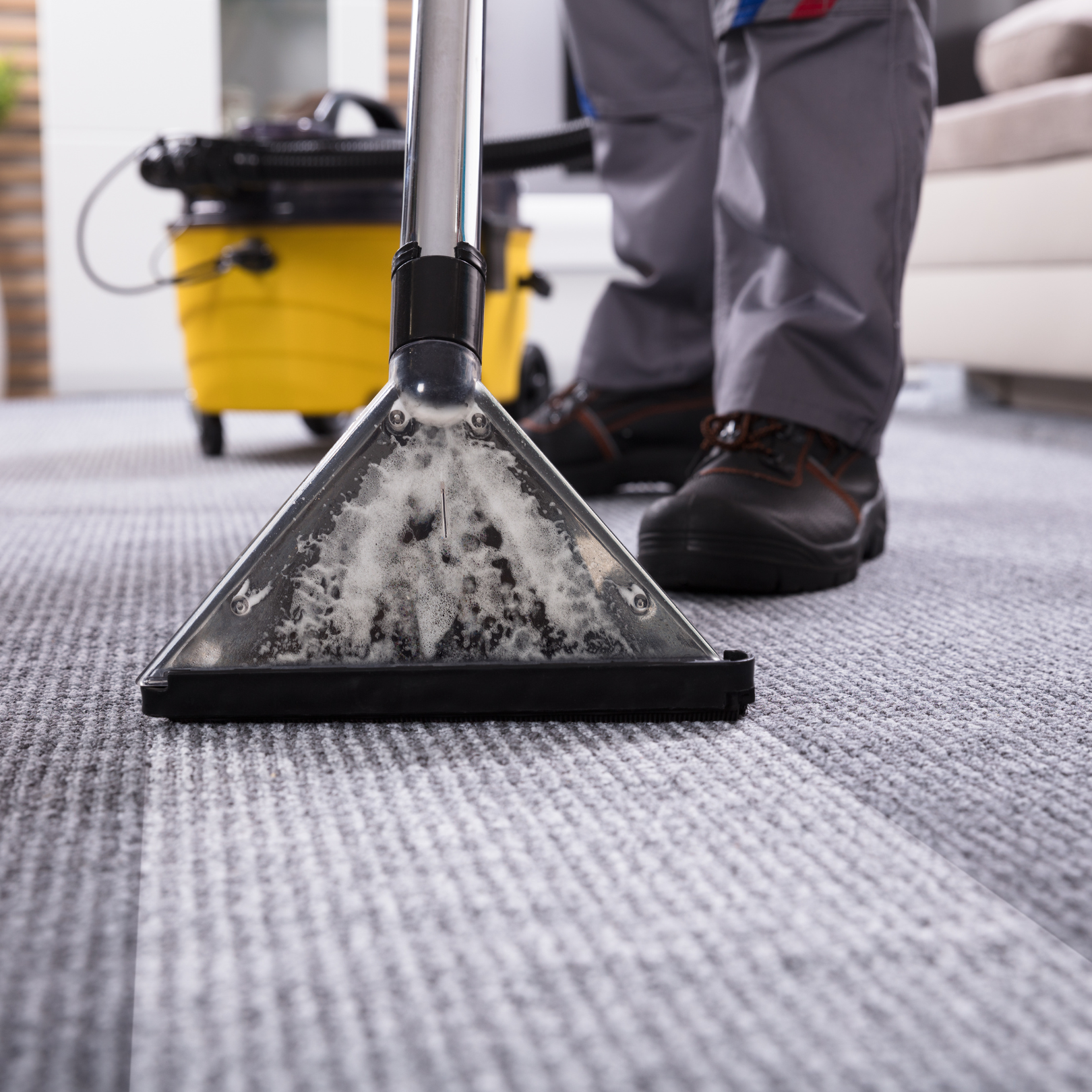 A person is cleaning a carpet with a vacuum cleaner.