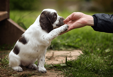 Puppy sits, paw extended to human hand holding food. Brown and white dog in grassy setting.