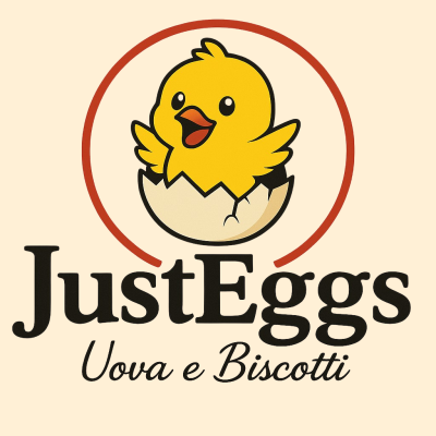 Logo: Pulcino giallo che esce dall'uovo in un cerchio rosso, testo 