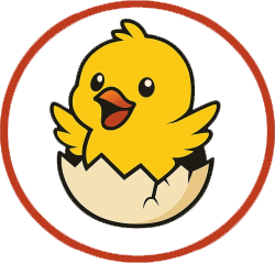 Pulcino giallo che esce da un uovo, all'interno di un cerchio rosso.