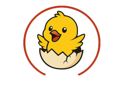 Pulcino giallo che esce da un uovo, all'interno di un cerchio rosso.