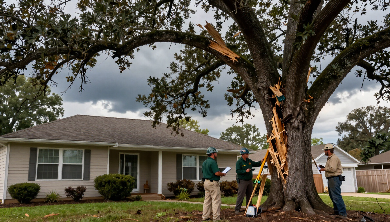 Damaged tree leaning over a home after storm damage