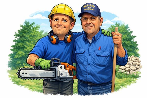 Two smiling individuals in work attire pose outdoors; one holds a chainsaw, the other holds a shovel near a rock pile.