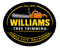 Logo for Williams Tree Trimming featuring an orange chainsaw above the company name in bold yellow text on black.