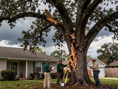 Damaged tree leaning over a home after storm damage