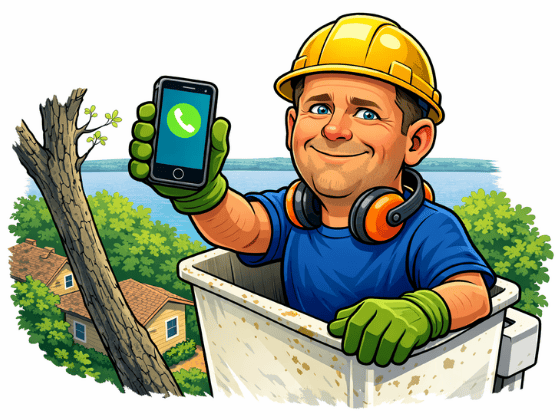 A worker in a bucket truck wears a yellow hard hat and headphones, holding up a smartphone with a green call icon.