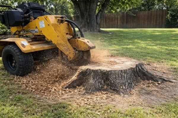 A yellow industrial stump grinder removes a large tree stump on a grassy lawn, scattering wood chips.