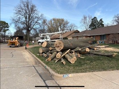 Cut down tree logs sits on a residential lawn next to a street, with a utility bucket truck and wood chipper nearby.