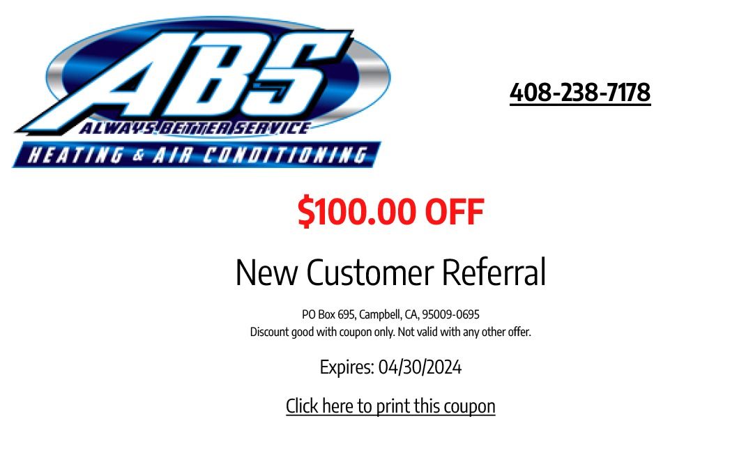 A coupon for abs heating and air conditioning offers a $ 100.00 off new customer referral