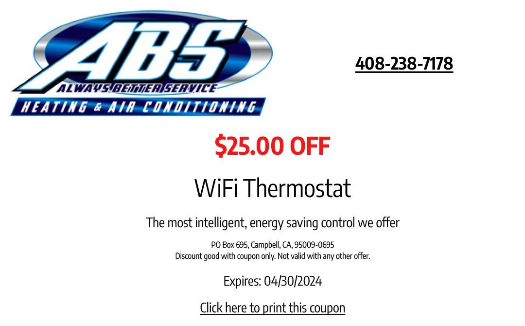 A coupon for abs heating and air conditioning offers a $ 25.00 off wifi thermostat