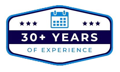A blue and white badge that says `` 30+ years of experience in HVAC services in Campbell '' with a calendar icon.
