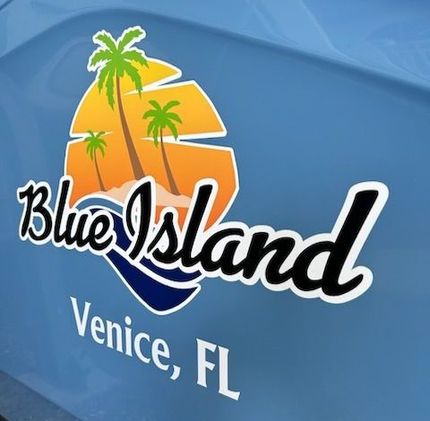 Blue island venice fl is written on the side of a blue vehicle