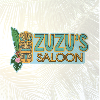 A logo for zuzu 's saloon with a tiki head and feathers