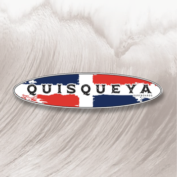 A red white and blue quisqueya logo on a white background