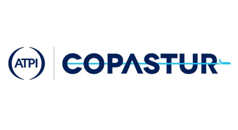 O logotipo da copastur é azul e branco em um fundo branco.