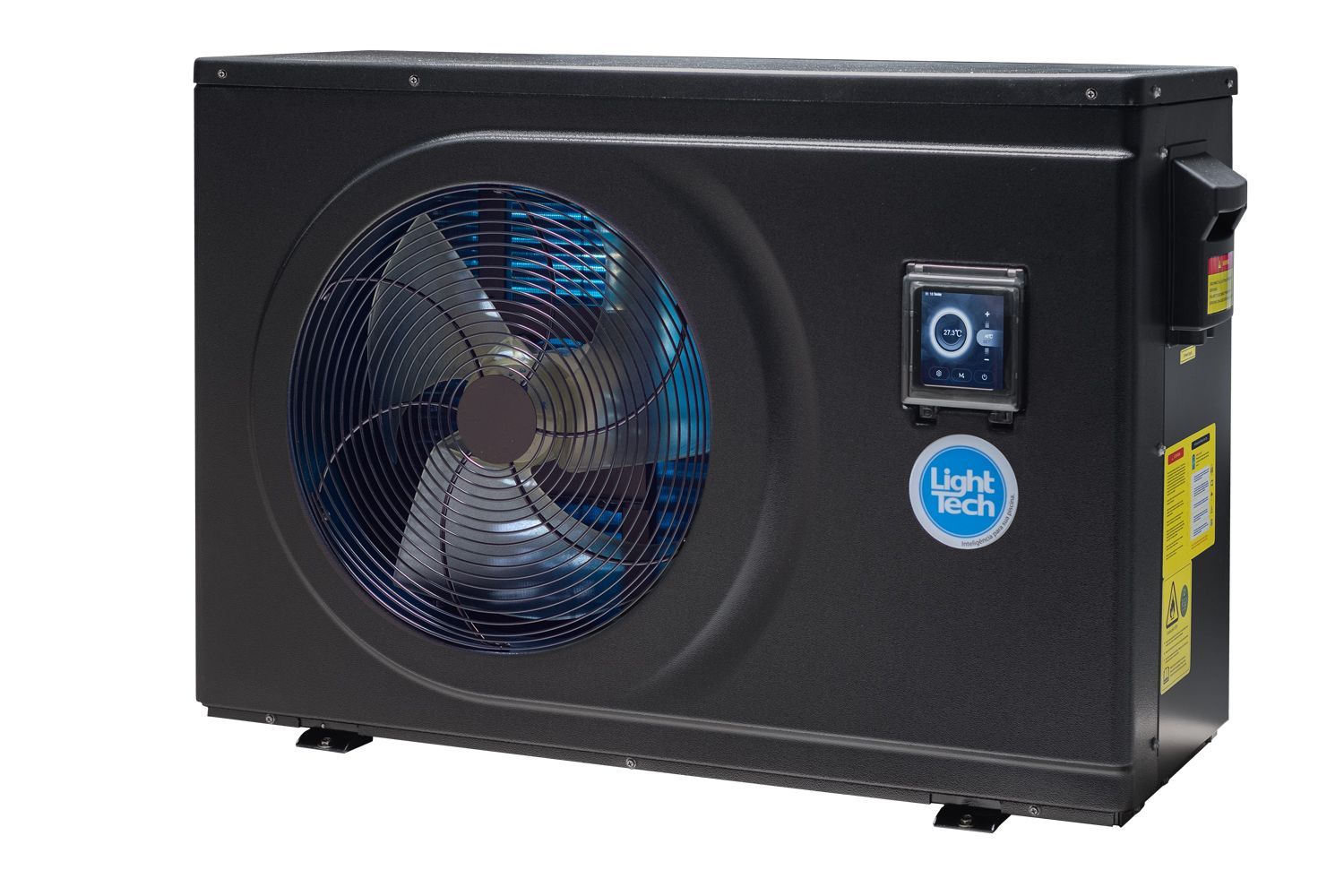 A black swimming pool heater with a fan on a white background.