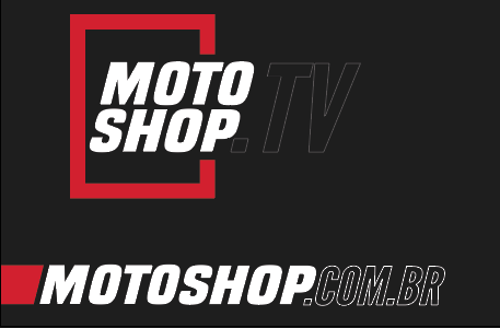 Um logotipo da moto shop tv em um fundo preto