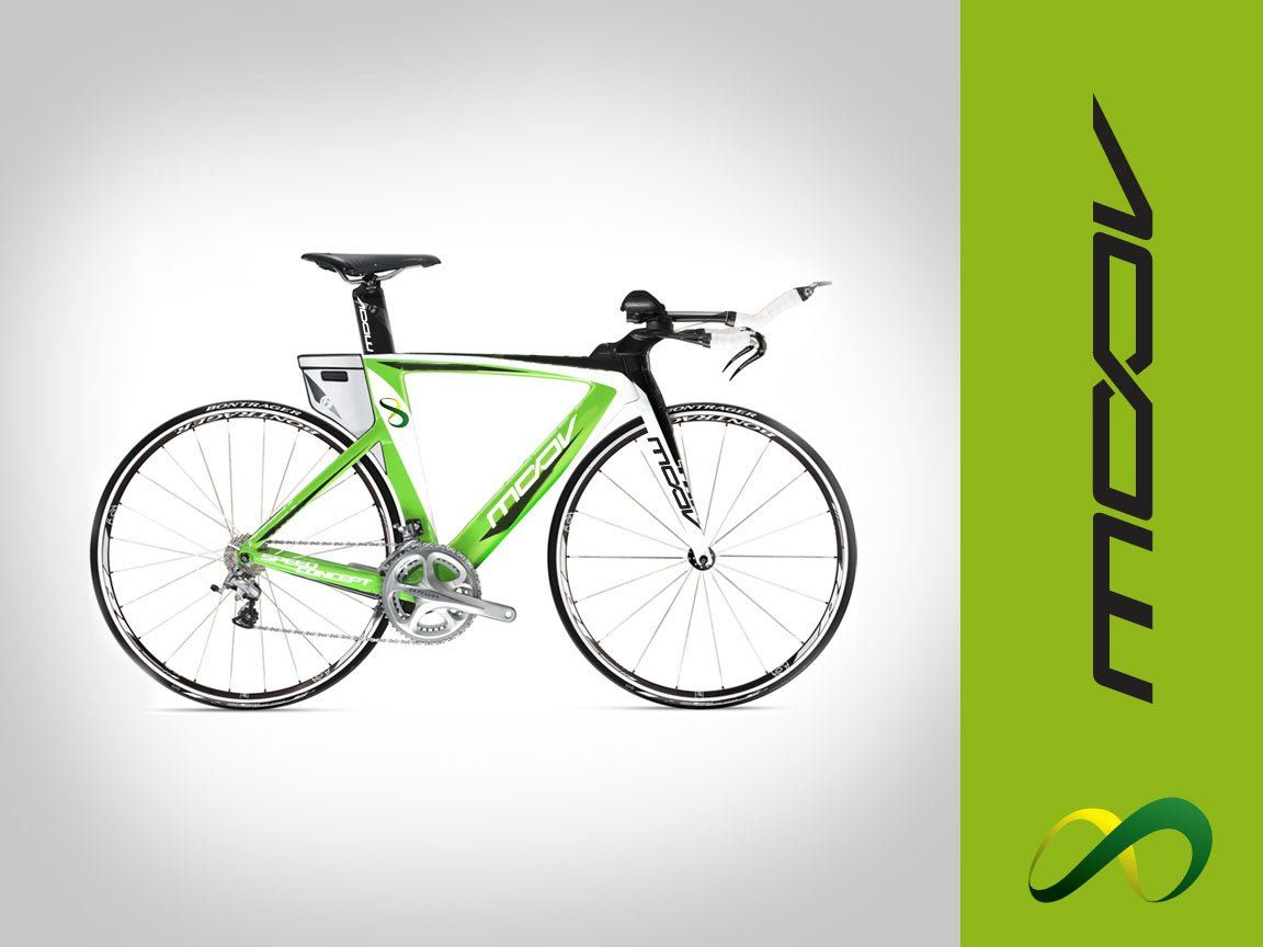 Uma bicicleta verde e preta com a palavra moov na parte inferior