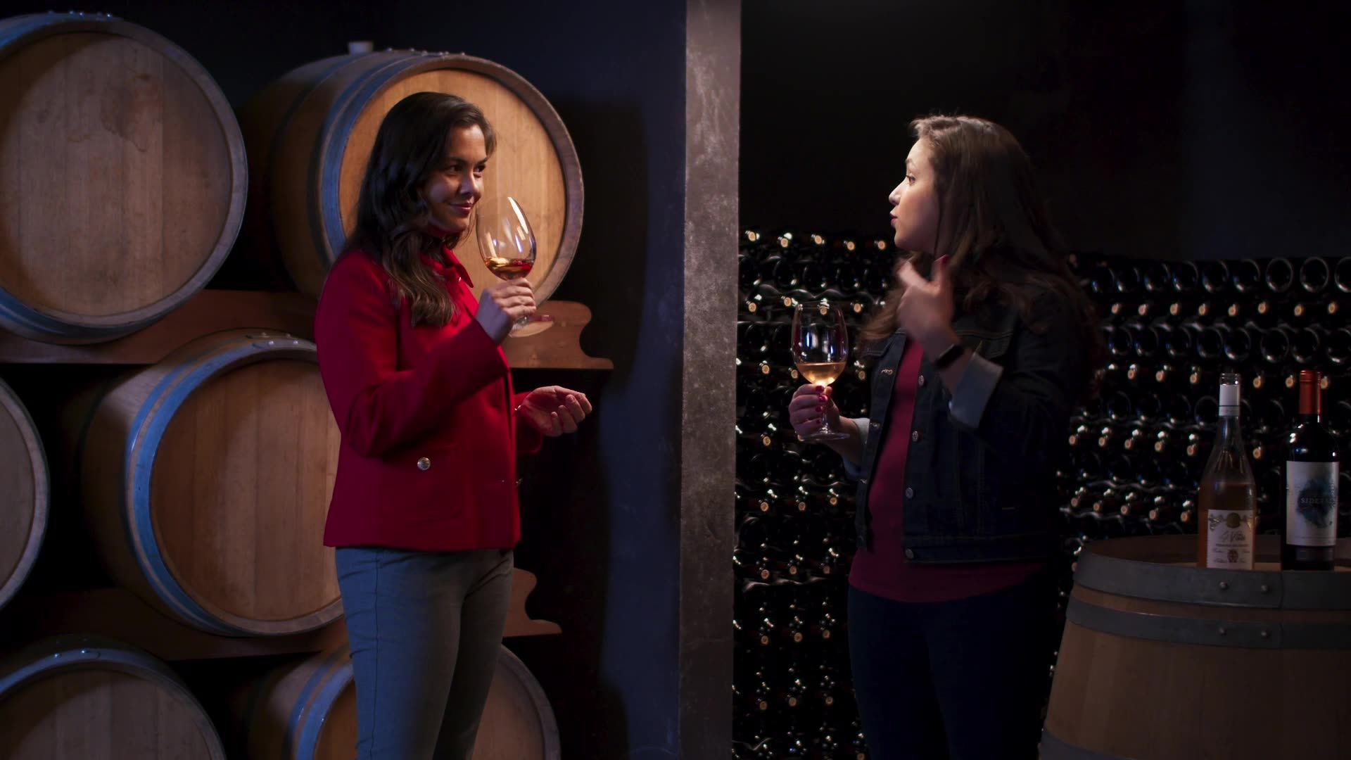 Duas pessoas em uma adega, degustando vinhos. Barris e garrafas estão ao fundo.