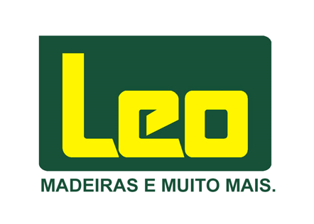 Logotipo da Leo Madeiras com texto amarelo sobre um fundo retangular verde.