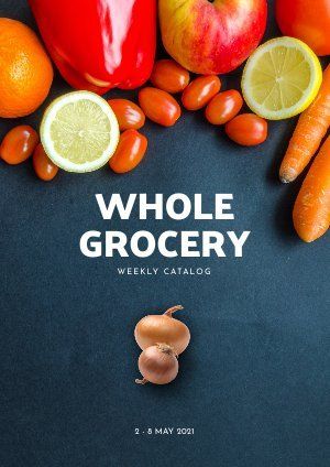 Um catálogo semanal completo de mercearia com frutas e legumes em um fundo preto.