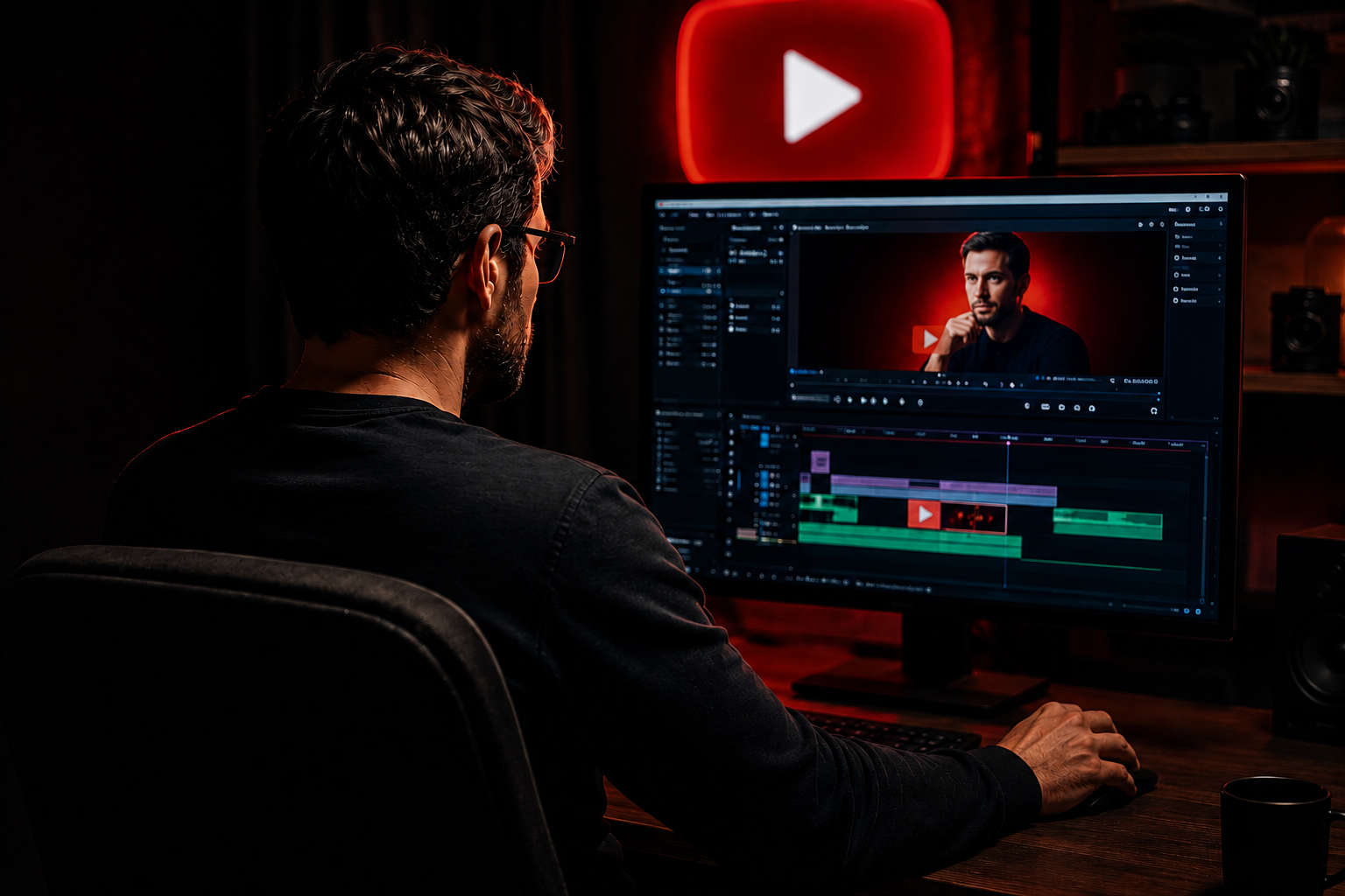 Person editing a YouTube video at a desk, with a red-lit monitor showing a video timeline and playback screen