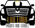 The logo for lux limo private ride service shows a car with a tuxedo and bow tie.