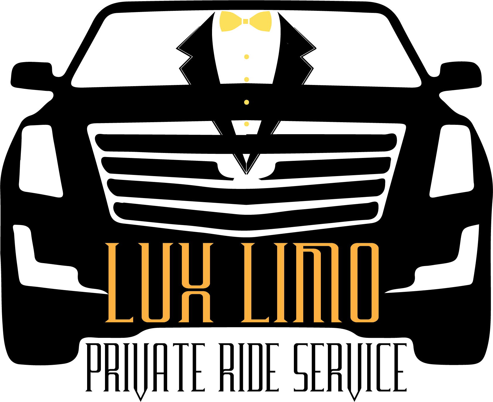 The logo for lux limo private ride service shows a car with a tuxedo and bow tie.