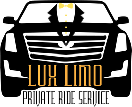 The logo for lux limo private ride service shows a car with a tuxedo and bow tie.