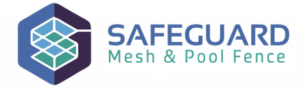 Logo for Safeguard Mesh & Pool Fence, featuring a blue and teal hexagonal graphic and text.