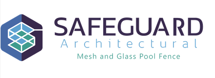 Logo for Safeguard Mesh & Glass Pool Fence, featuring a blue and teal hexagonal graphic and text.