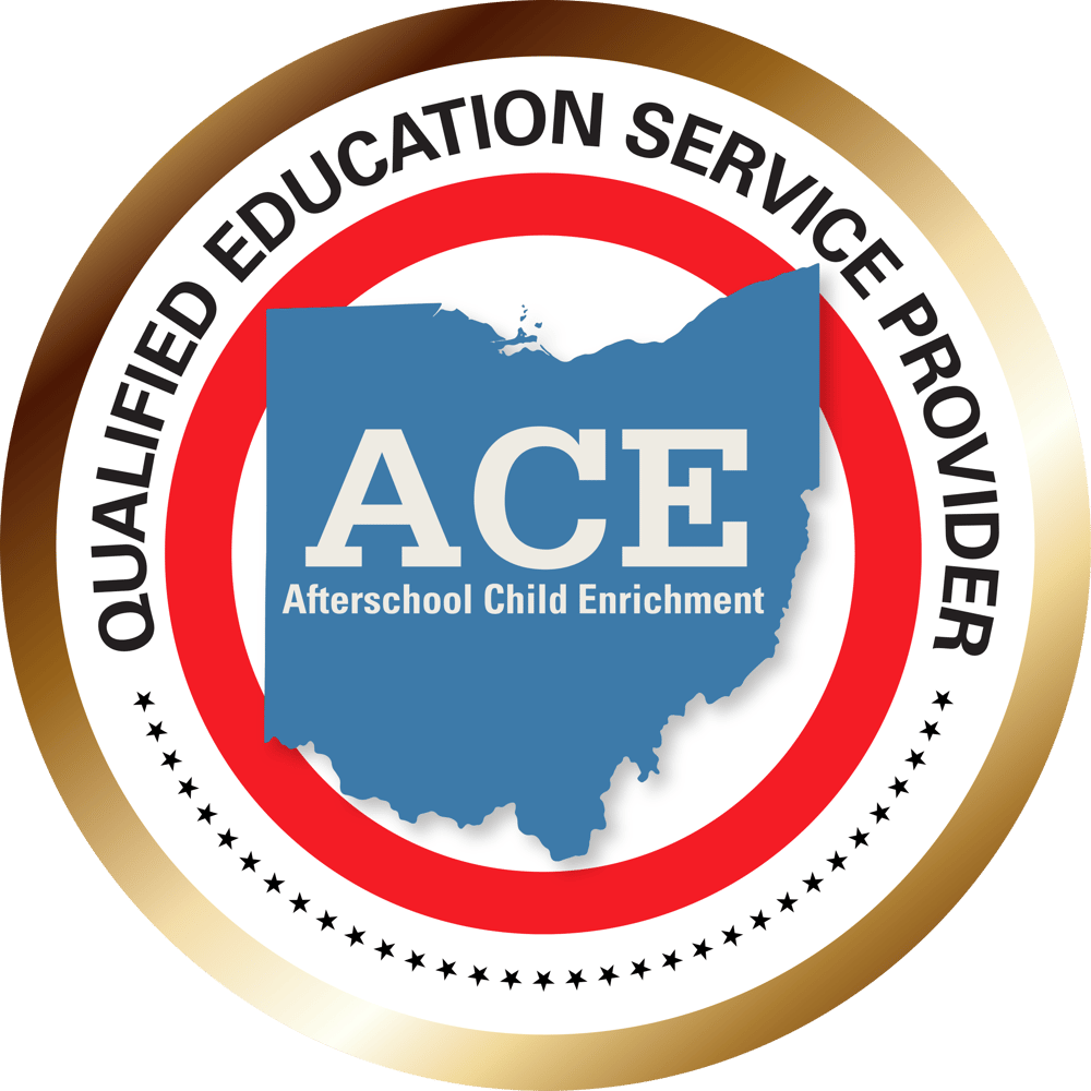 Logo for ACE: Qualified Education Service Provider in Ohio; blue Ohio outline with red and gold borders.