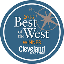 2016 Best of the West winner logo from Cleveland Magazine. Blue and white circle with compass graphic.