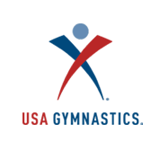 USA Gymnastics logo: a stylized person with blue and red arms reaching upward, blue head, and the words