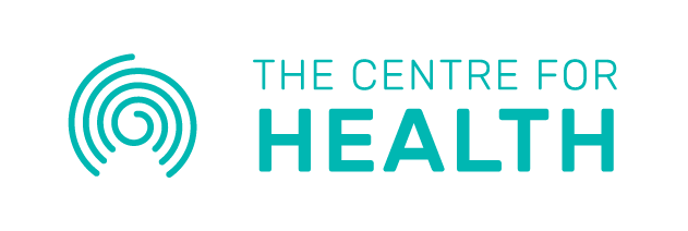 A logo for the centre for health with a spiral in the middle.