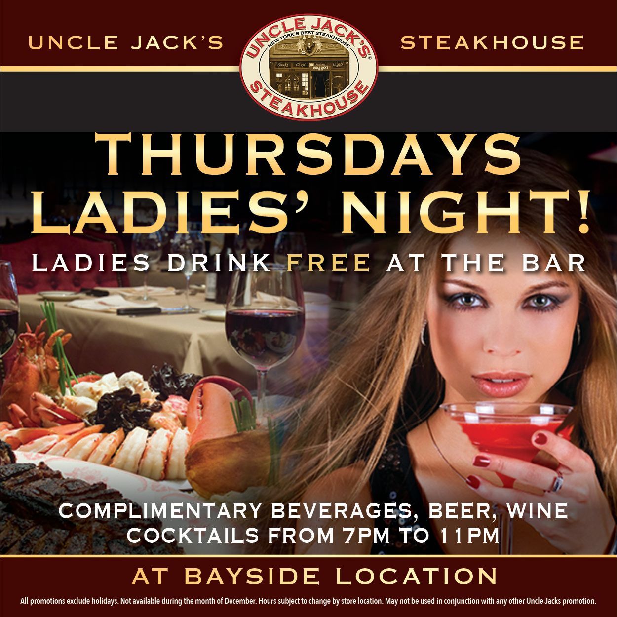an advertisement for uncle jack 's steakhouse advertises thursdays ladies ' night