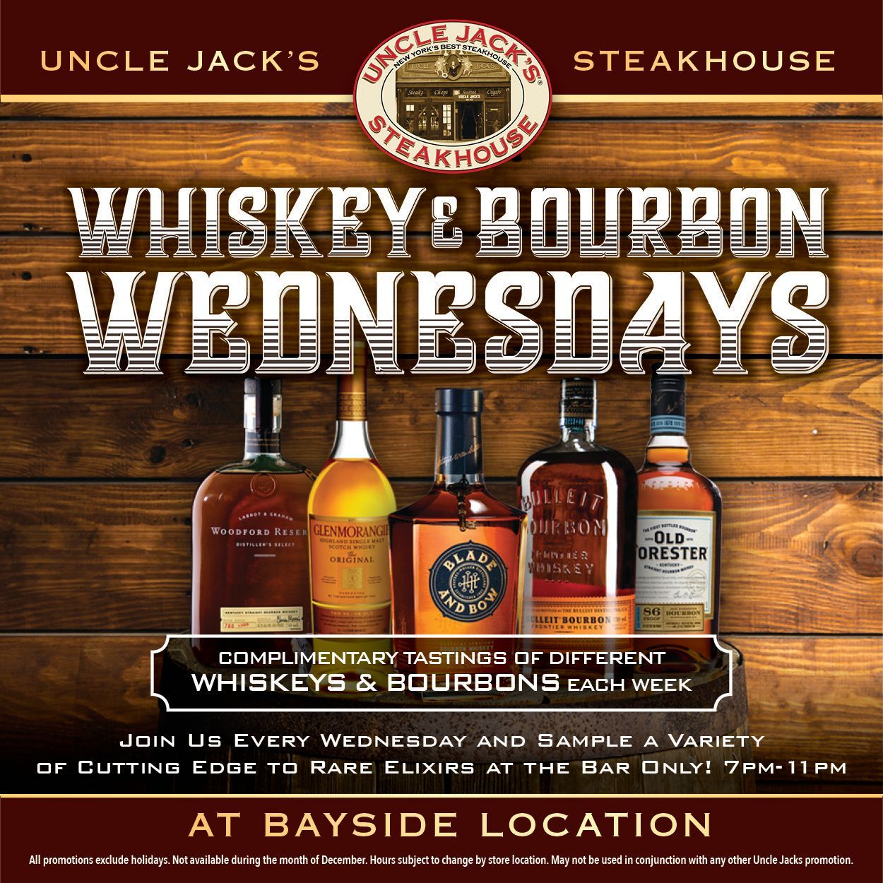 an advertisement for whiskey and bourbon wednesdays at uncle jack 's steakhouse