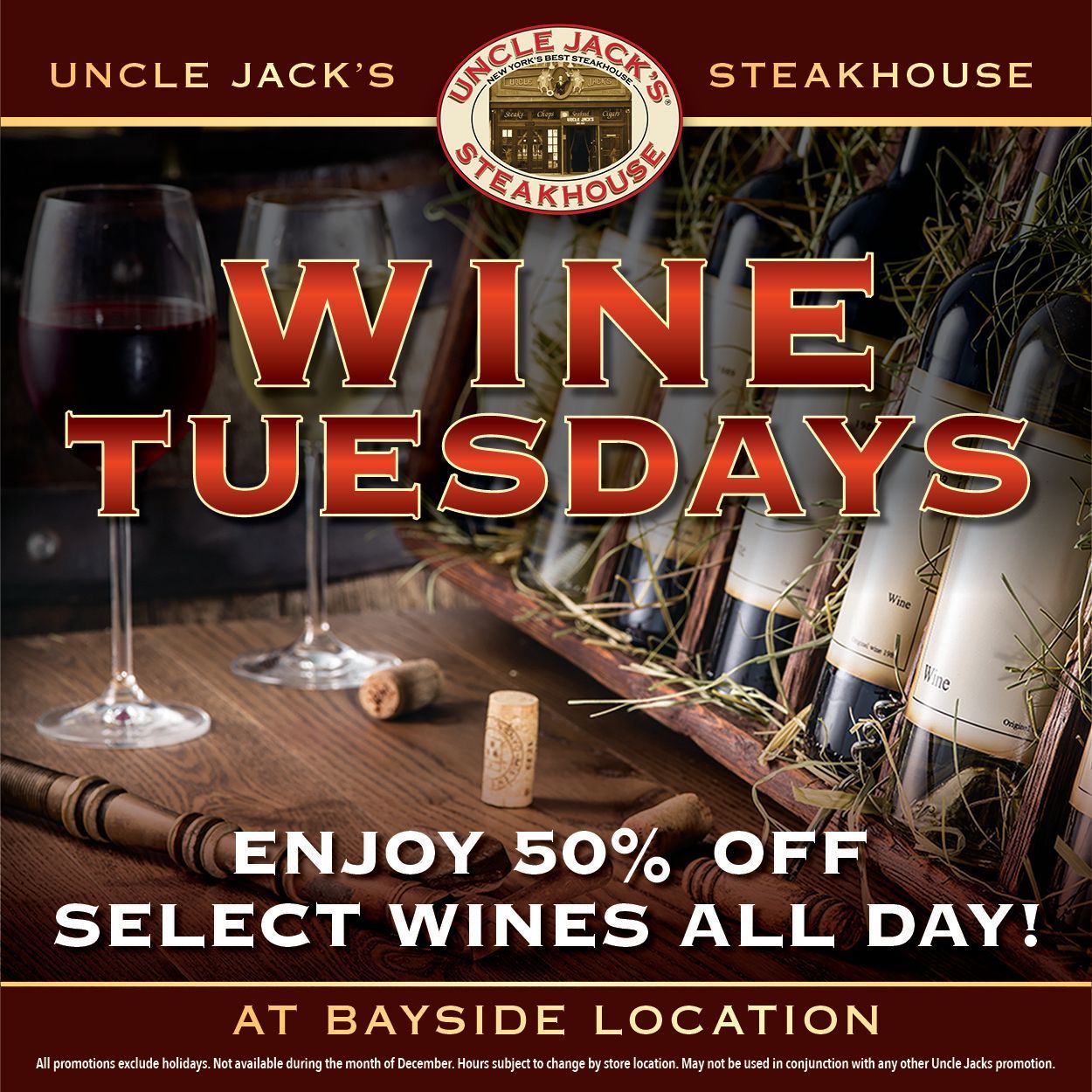 an advertisement for uncle jack 's steakhouse advertising wine tuesdays