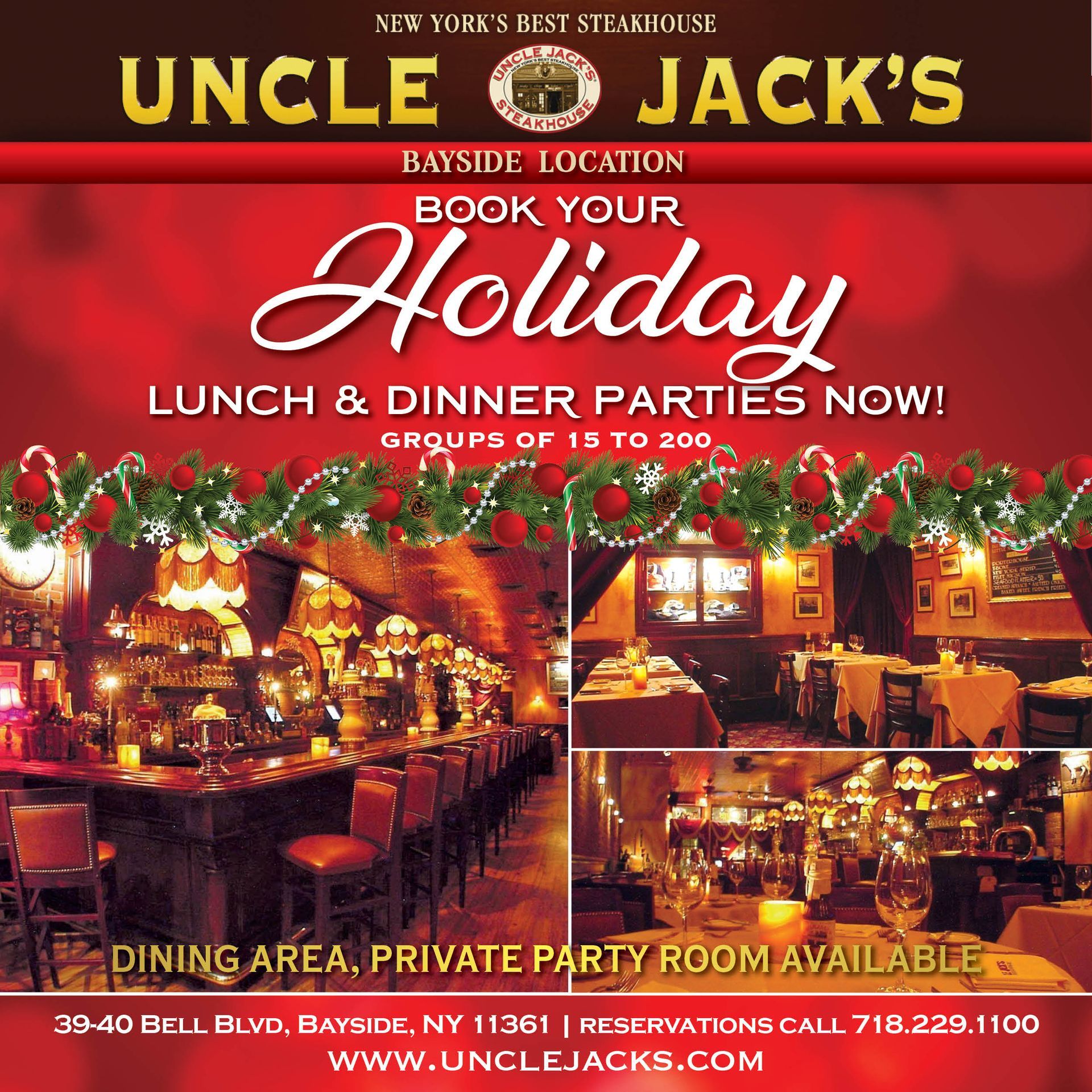 Uncle Jack's restaurant ad for holiday lunch & dinner parties in Bayside, NY. Features dining area and party room.
