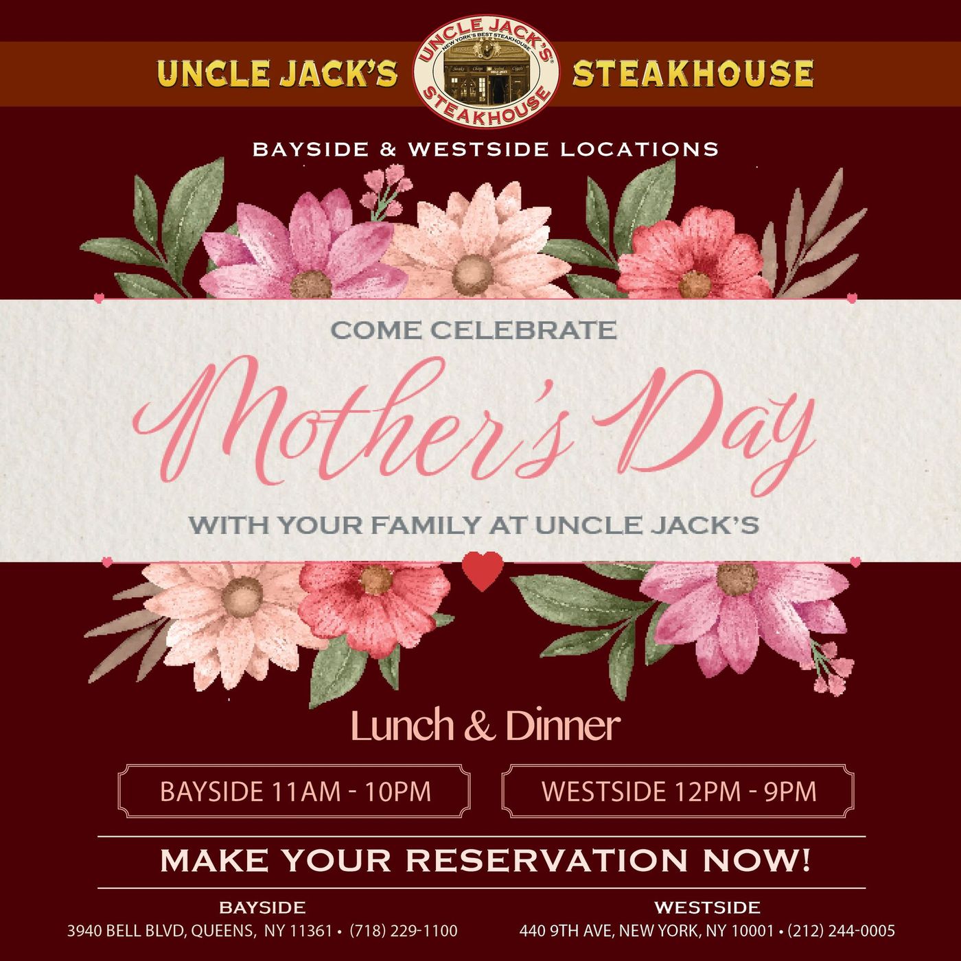Mother’s Day dinner promo at Uncle Jack’s Steakhouse with pink floral design and reservation details